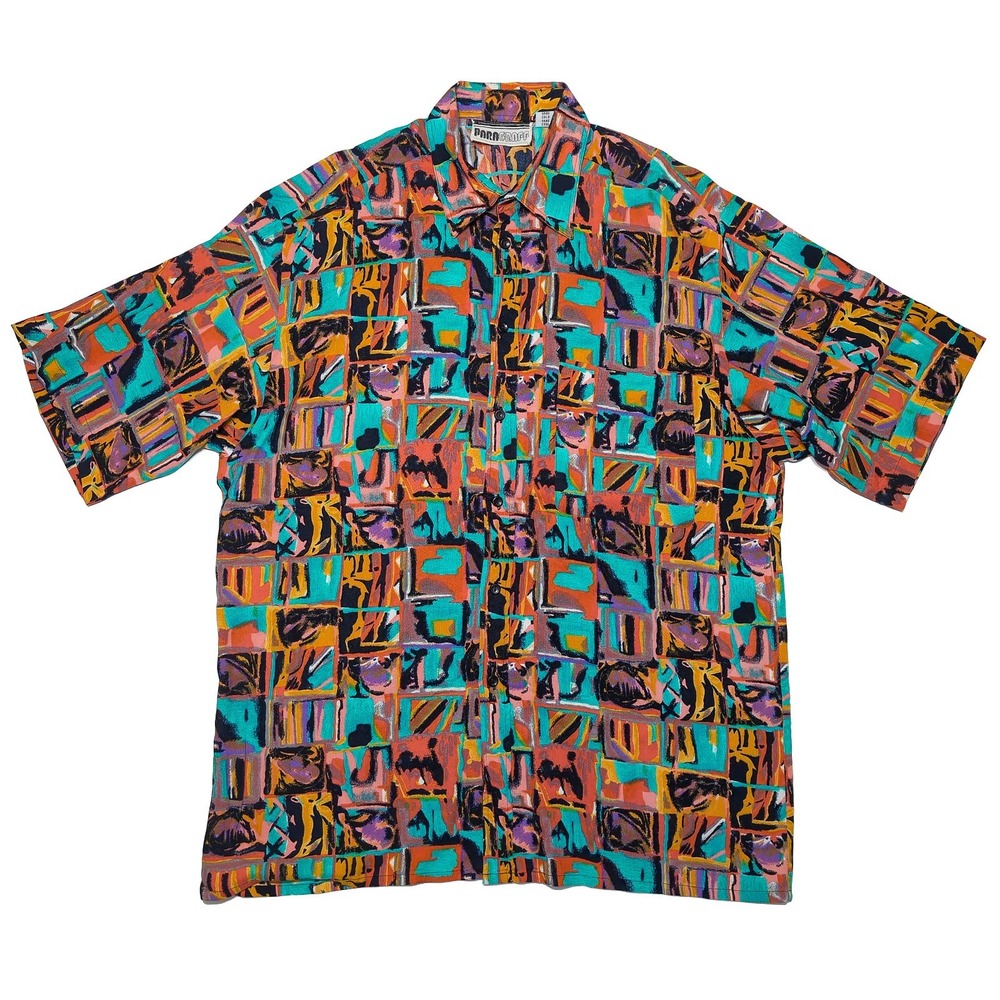PARAGRAFF Button Up Shirt Mens Large Multi Excellent Vintage 80s Rayon Abstract
